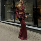 Long Sleeves Cropped Top Satin Draping Skirt