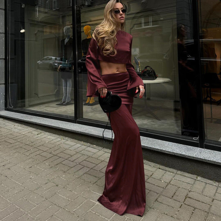 Long Sleeves Cropped Top Satin Draping Skirt