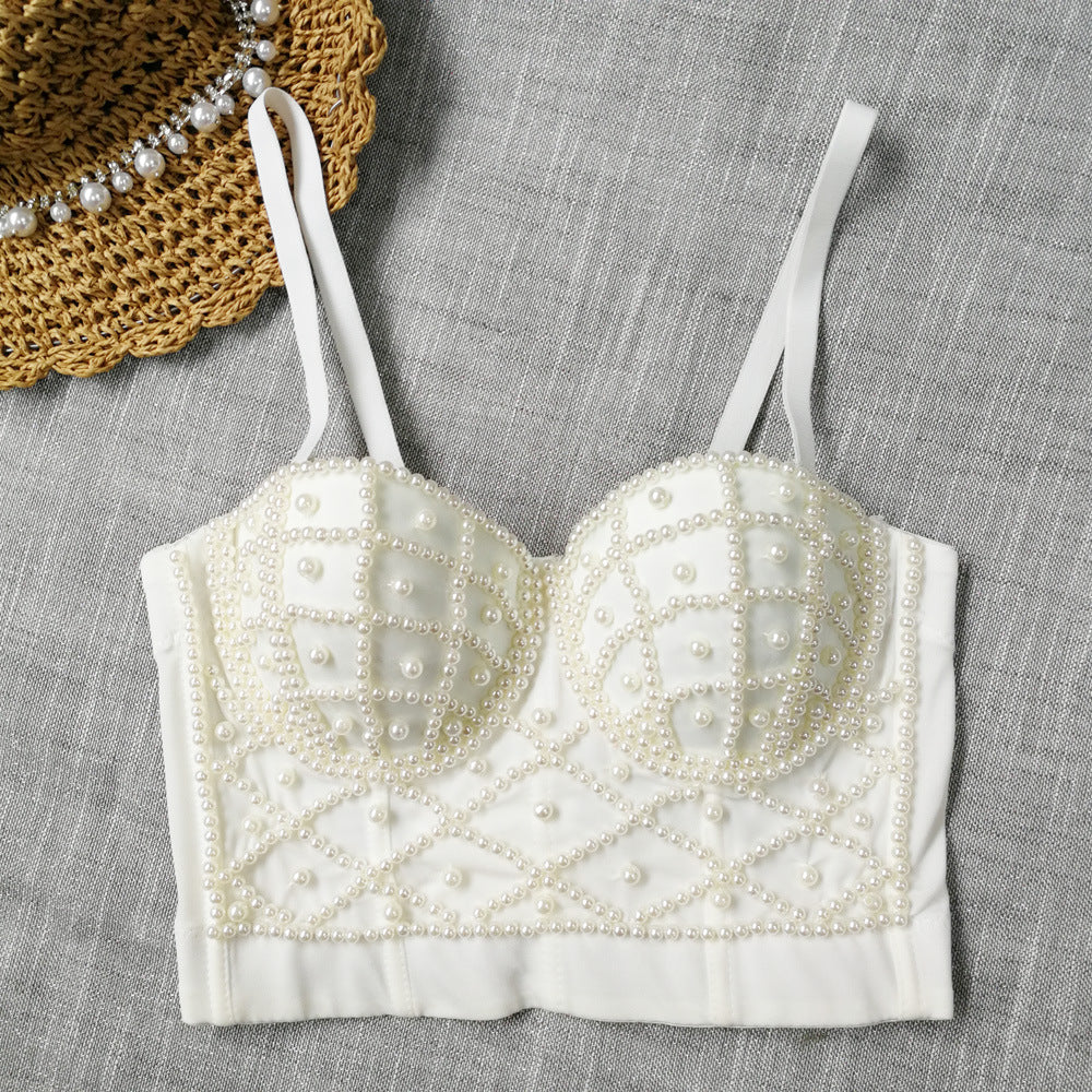 's Pearl Suspender Vest Fashionable Beauty Back Cropped Short