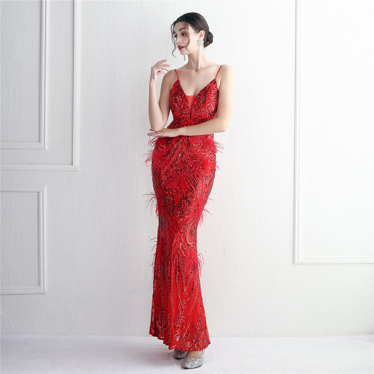 Women's Floral Beading Imported Wool Dress Long Banquet Slim Fit Evening