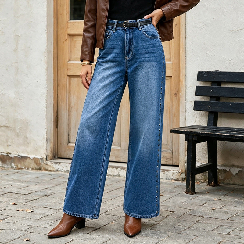 Women's Rivet Wide-Leg High-Waist Jeans