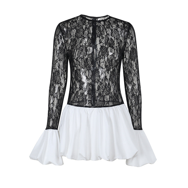 Women's Autumn Slim Lace Trim Petti Puffy Dress