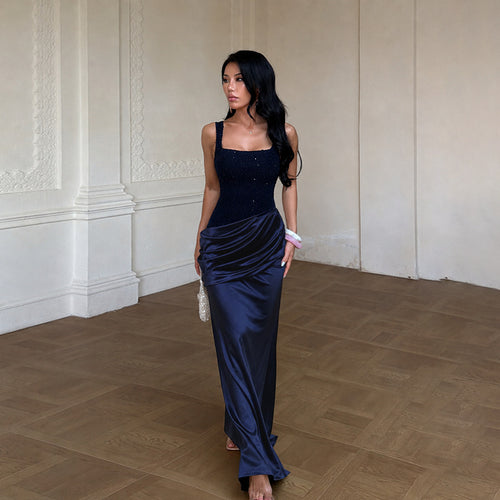 Tagram Patchwork Evening Gown High Waist Draping Pleated Slim Fit Sheath Long Cocktail Dress