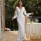Women's V-Neck Sequin Long-Sleeve Fishtail Maxi Dress