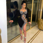 Women's Rhinestone Mesh Long-Sleeve Mini Dress