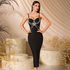Women's Rhinestone Beaded V-Neck Split Midi Dress