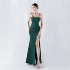 Women's Dress Boning Corset Waist Tight Water Ordering Bright Crystal Satin Host Annual Party Evening Dress