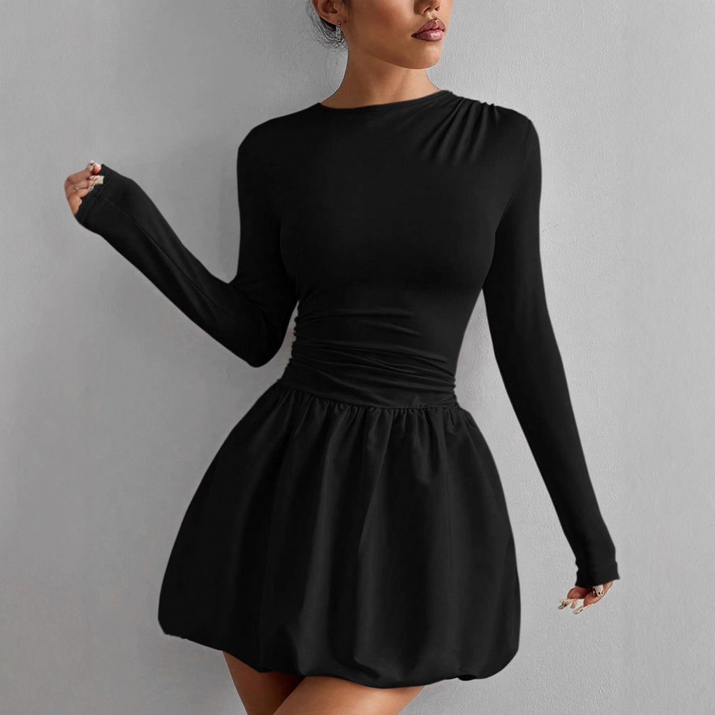 Crew-Neck Long-Sleeve Ruched A-Line Mini Dress