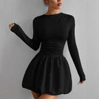 Crew-Neck Long-Sleeve Ruched A-Line Mini Dress