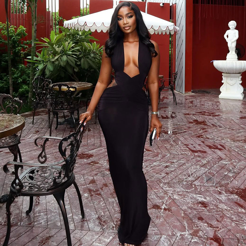 Women's Street Solid Color Women Clothing Ruffle Hip One Step Low Cut Slim Fit Halter Slimming Maxi Dress