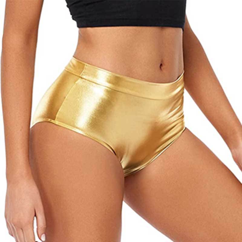 Metallic gold coated performance shorts with high waist and glossy reflective finish