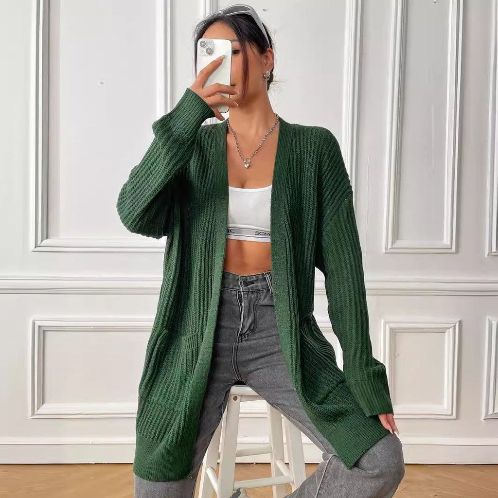 Real Shot Women Clothing Double Pocket Simple Casual Sweater Cardigan