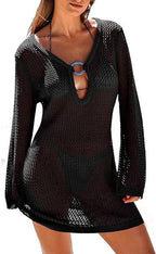 Long sleeve spring dress in black open knit with scoop neck and ringed keyhole cutout