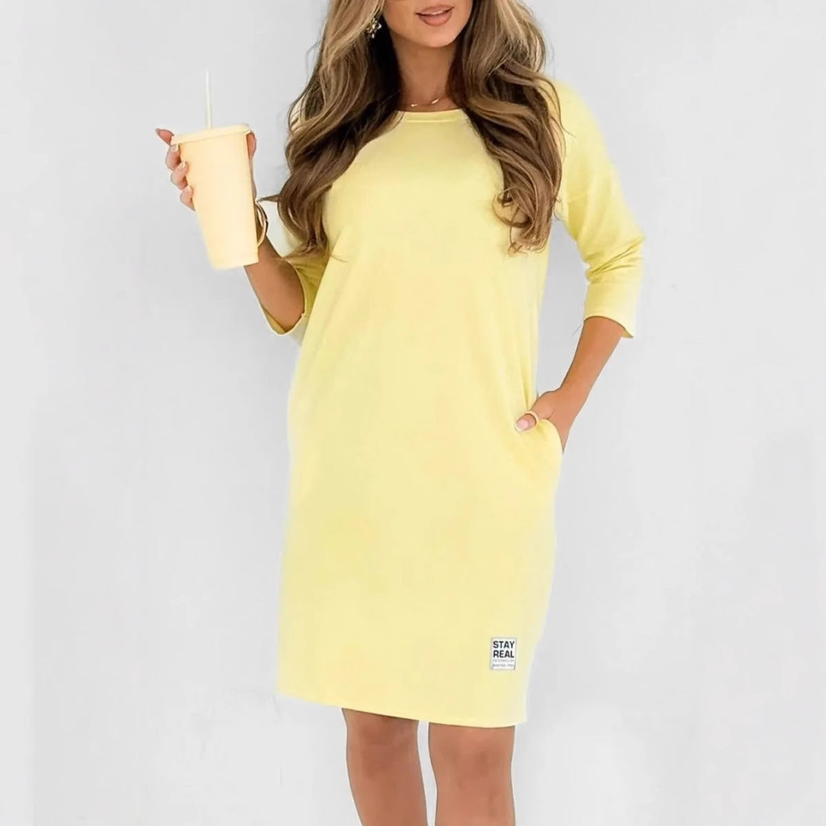 Summer Solid Color round Neck Loose Casual Long Sleeve Dress