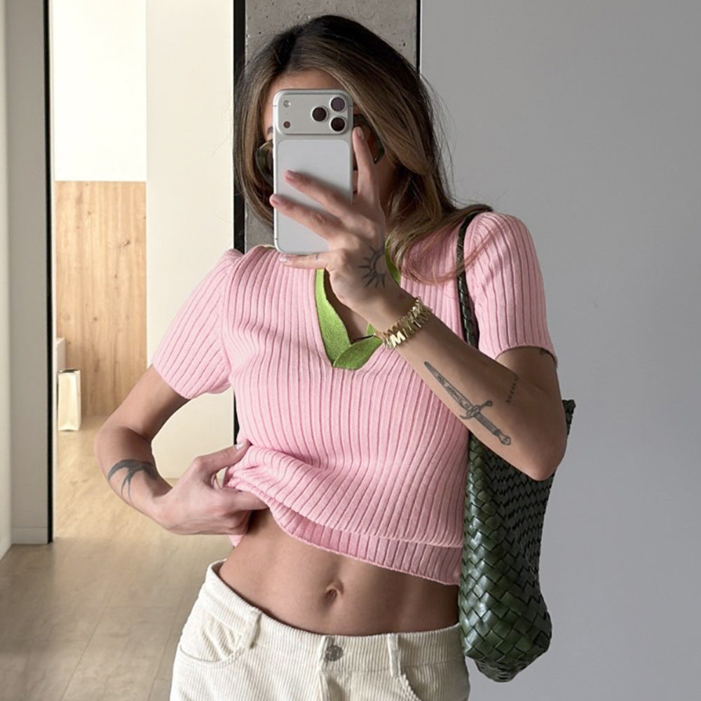 Contrast-Color Polo Knit Top