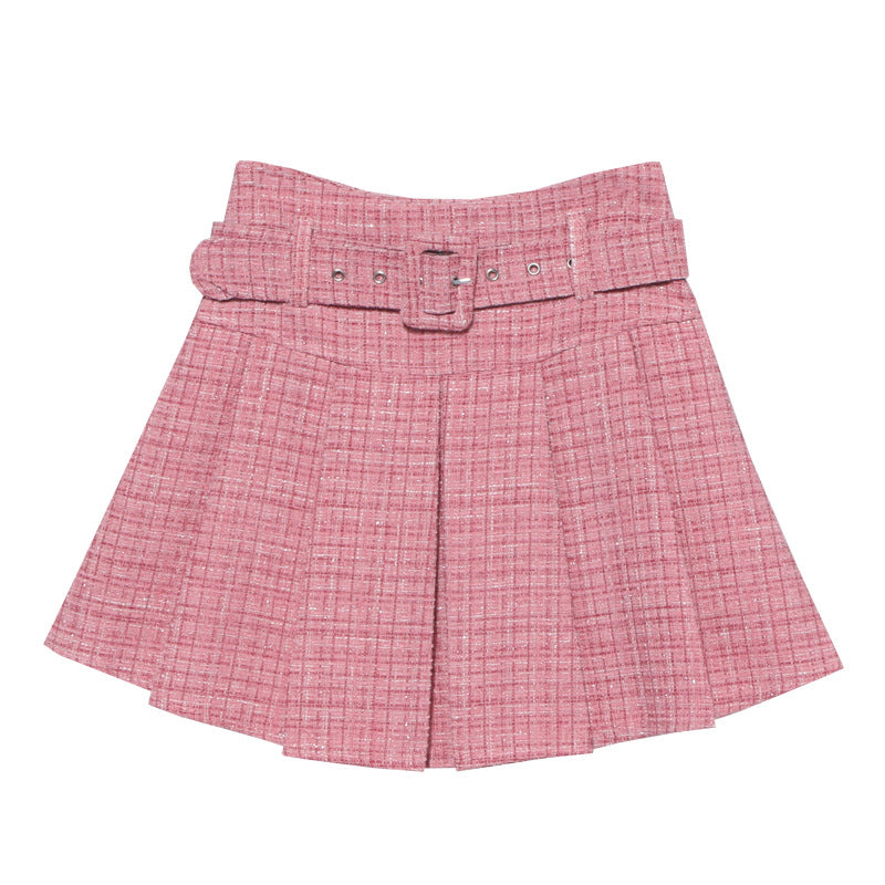 Autumn Winter Tweed Pleated Pink High Waist A Line Skirt