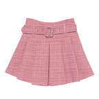 Autumn Winter Tweed Pleated Pink High Waist A Line Skirt