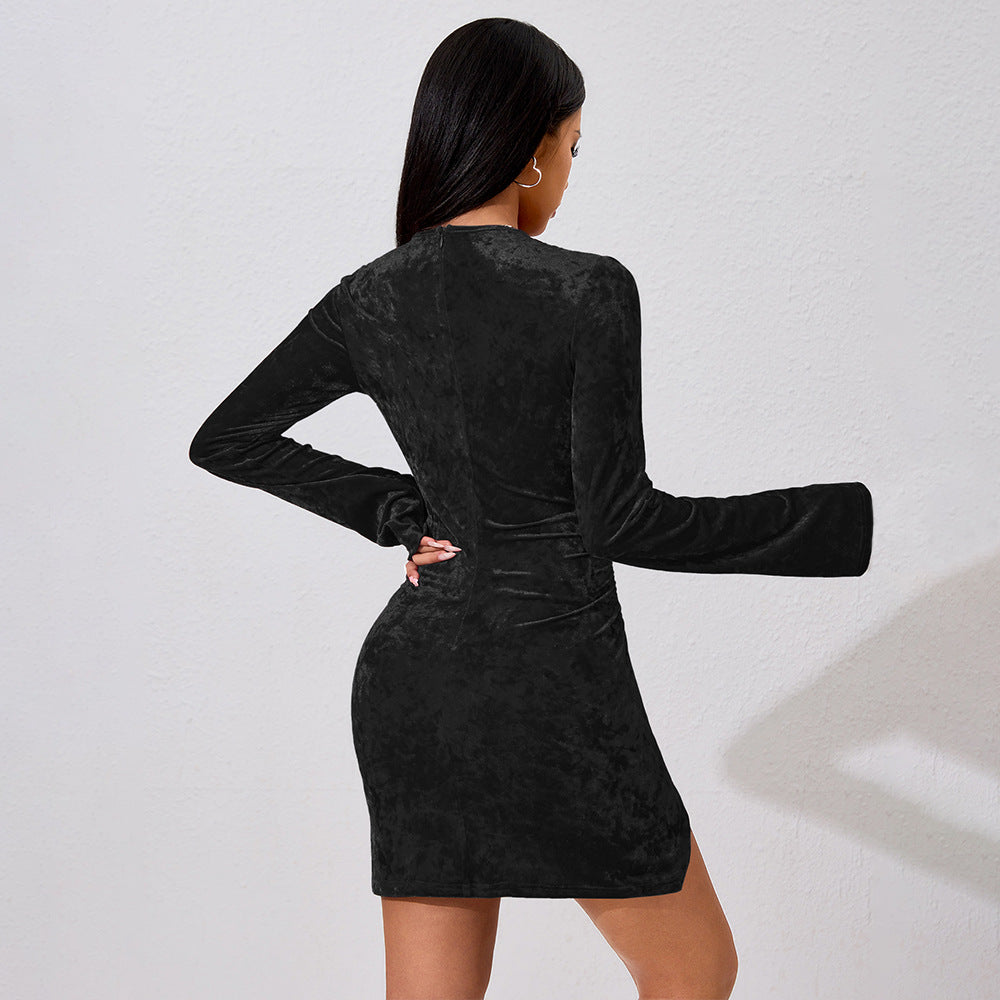Women Dress Bell Sleeve Pleated Waist Tight Short Hip