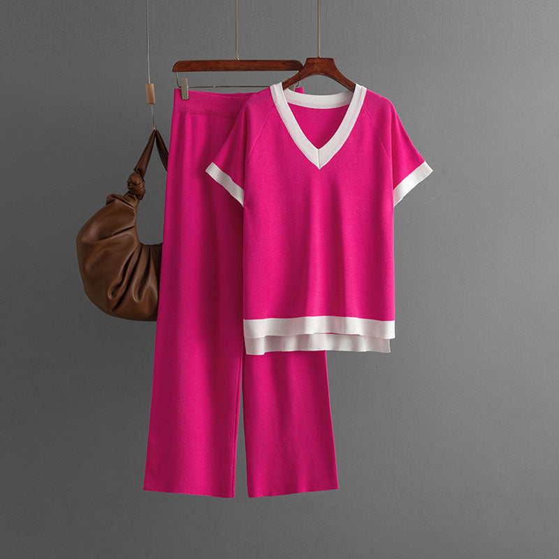 Simple V-Neck Short-Sleeve Knitwear High-Waisted Slimming Draped Pants Contrast Color Knitted Two-Piece Set