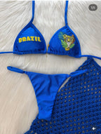 Blue triangle bikini swimwear with animal embroidery patch and 'BRAZIL' lettering