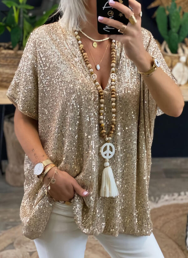 Summer Short-Sleeved Casual Solid Color Loose Pullover Sequined T-shirt Women Clothing