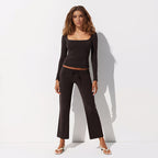 Autumn Winter Skims Solid Color Square Collar Long Sleeve Bootcut Pants Two Piece