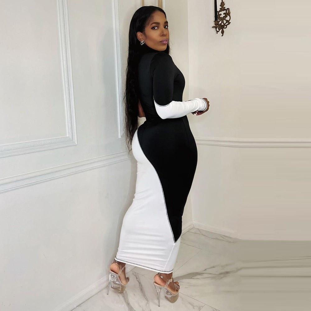 Spring Summer Contrast Color Slim Fit Single Side Long Sleeve Maxi Dress