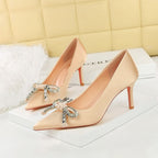 Women's Champagne Satin Pointed-Toe Pumps With Rhinestone Bow