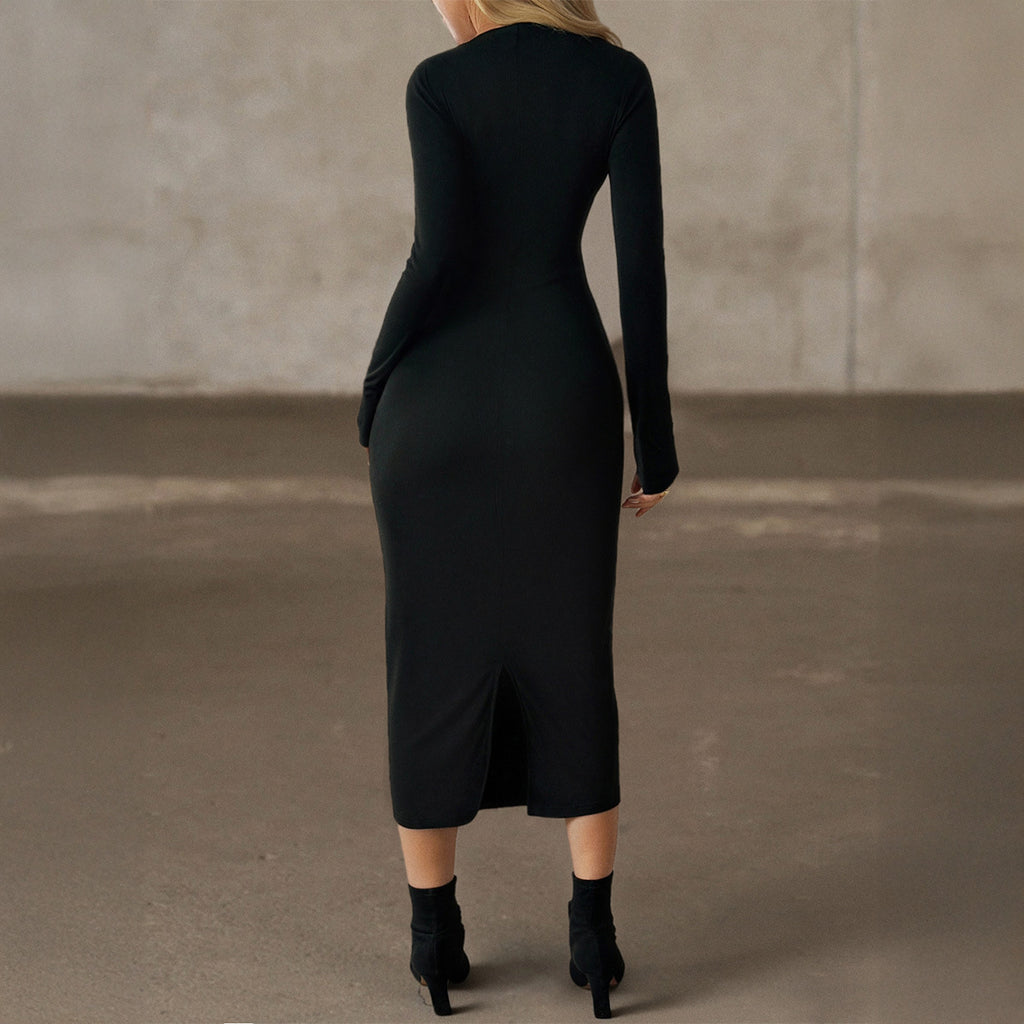 Solid Color Long Sleeved Hip Dress