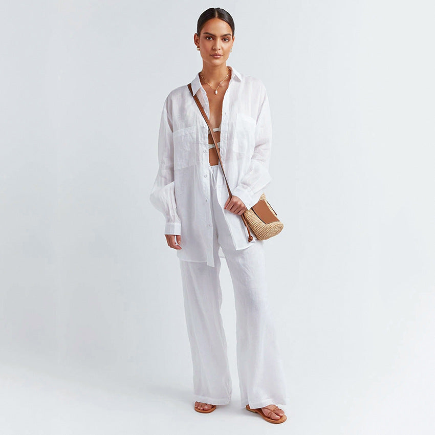 Spring Long-Sleeve Shirt Trousers Casual Cotton Linen Two-Piece Set