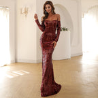 Women's Cocktail Evening Off-Shoulder Long Sleeve Retro Sequined Dress