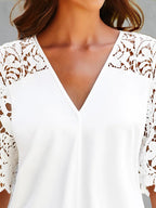 Women's Summer V Neck Sexy Lace Cutout Short Sleeved Chiffon Blouse Women Top