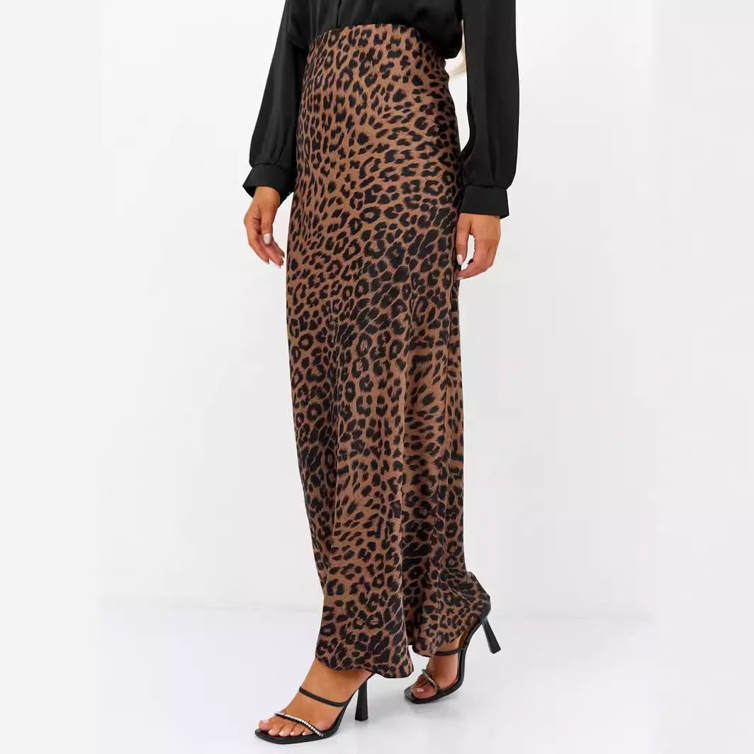 Satin Leopard Print Maxi High Waist Elastic Silky Skirt