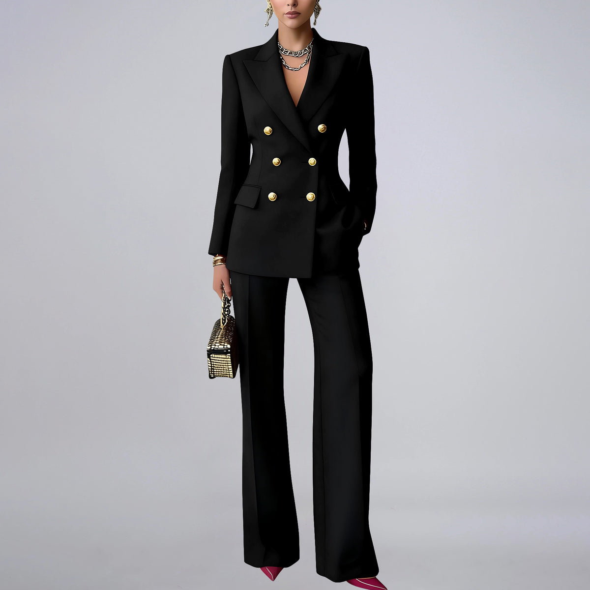 Solid Color Buttons Work Collared Pant Business Set