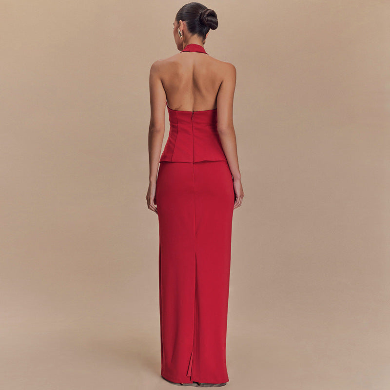 Women's Halter Backless Maxi Two-Piece Dress Set