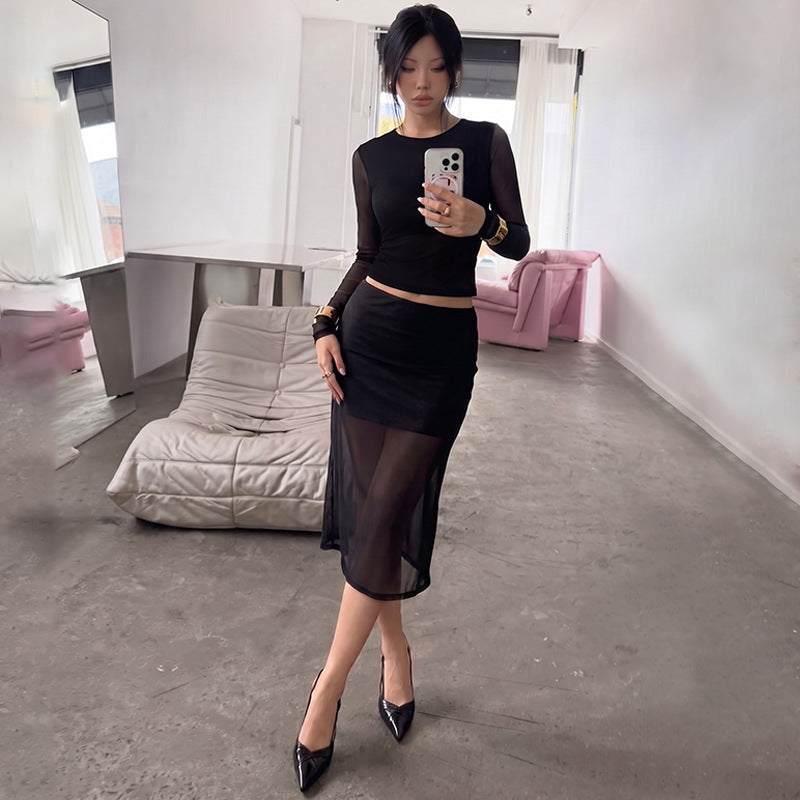 Women's Mesh Lace Top And Skirt Set