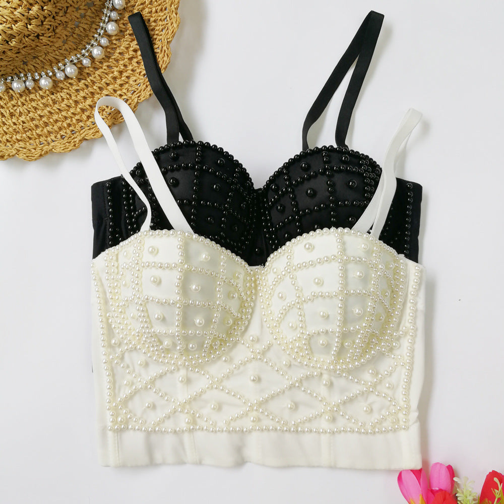 's Pearl Suspender Vest Fashionable Beauty Back Cropped Short