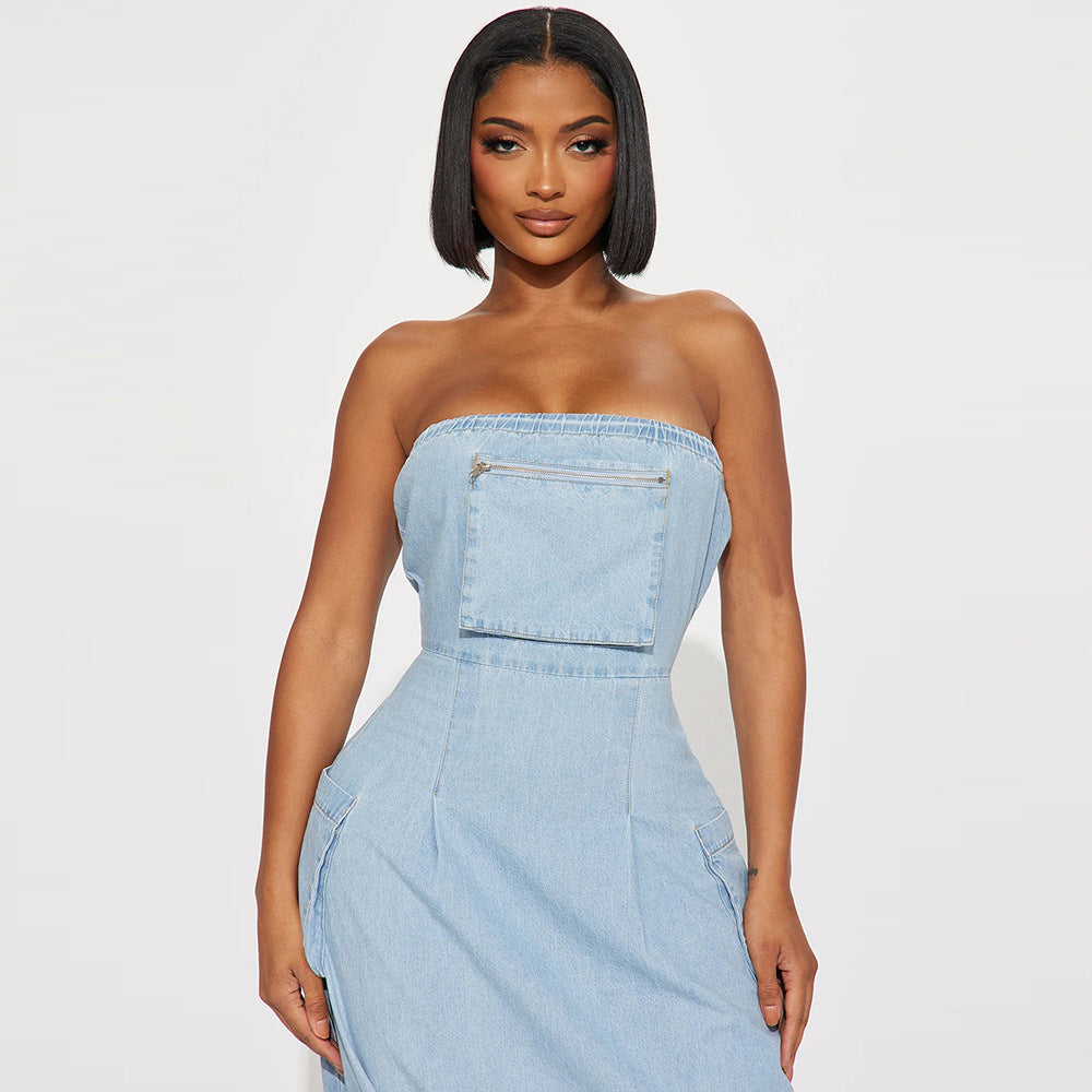 Tube Top Pocket Backless Washed Denim Dress