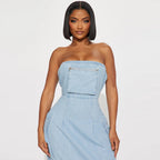 Tube Top Pocket Backless Washed Denim Dress