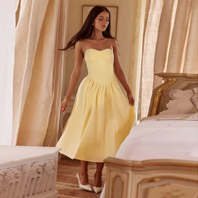 Elegant Solid-Color Sleeveless Strapless Waist Dress