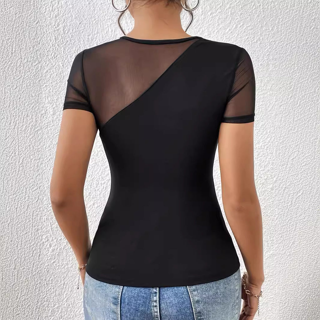 Women’s Black Lace Patchwork Short Sleeve Top
