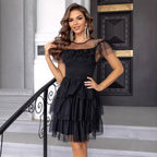 Sexy off Shoulder Collar Mesh Shirt Polka Dot Dress Party Dress