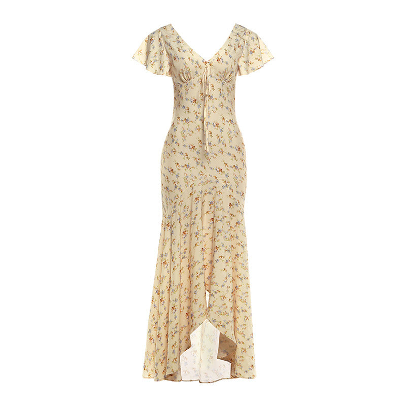 Cream floral maxi dress with pink accents, V-neck, short ruffle sleeves, side slit
