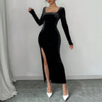 Black Velvet Square Neck Slit Dress