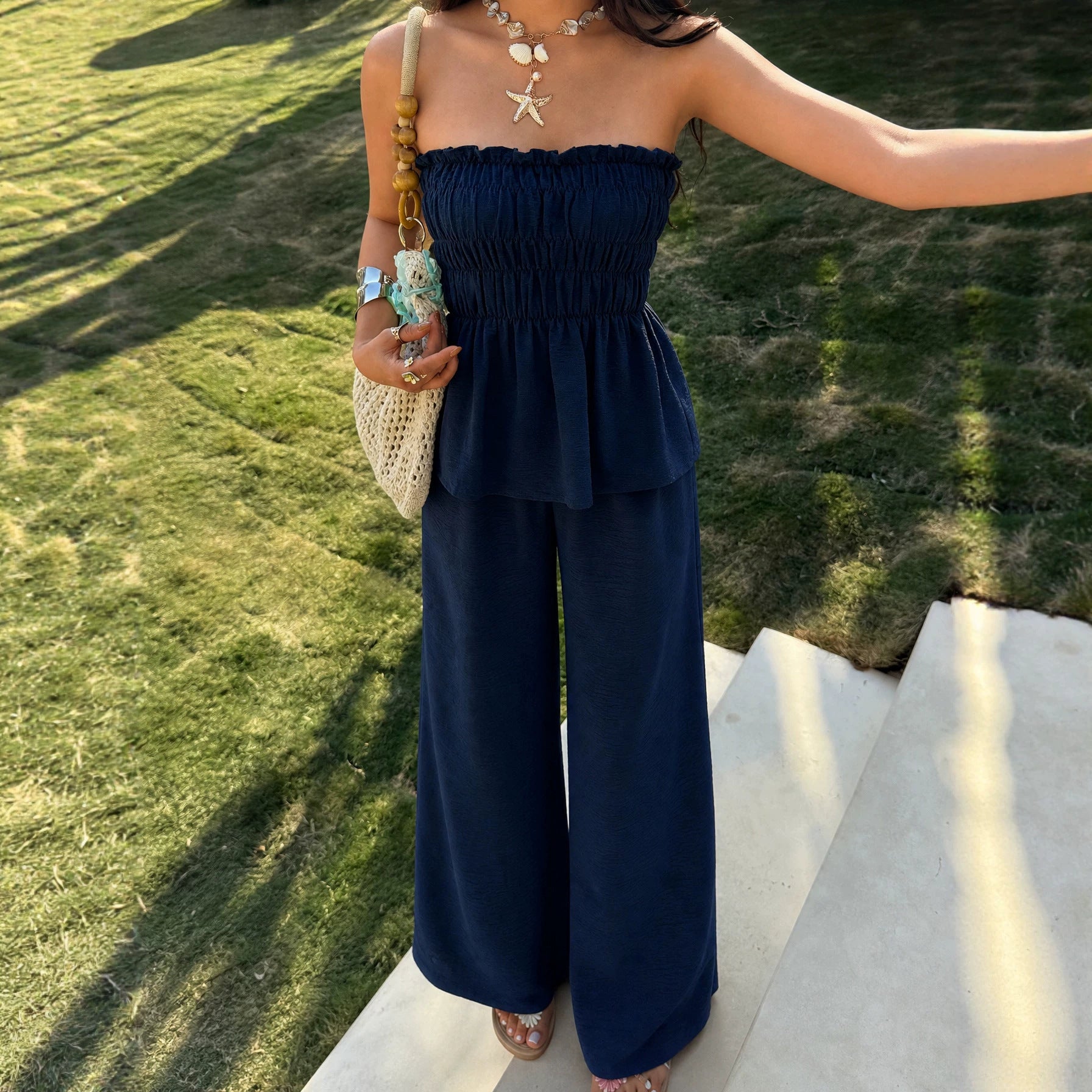 Women's Off-Shoulder Top & Wide-Leg Pants Set