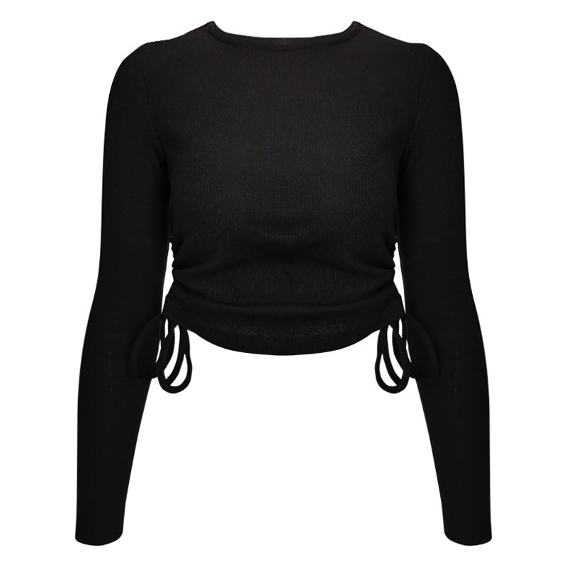 Women's Ribbed Drawstring Long Sleeve Crop Top