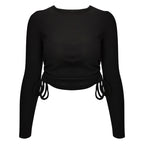 Women's Ribbed Drawstring Long Sleeve Crop Top