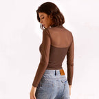 Women's Turtleneck Sheer Mesh Long Sleeve Crop Top