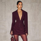 Women's Collared Ruched Long-Sleeve Bodycon Mini Dress