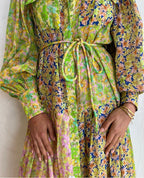 Floral Color-Block Lantern Sleeve Maxi Dress